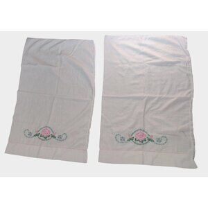 Vintage Hand-Embroidered Cotton Pillowcases With Pink Rose Design  18.5 x 29"